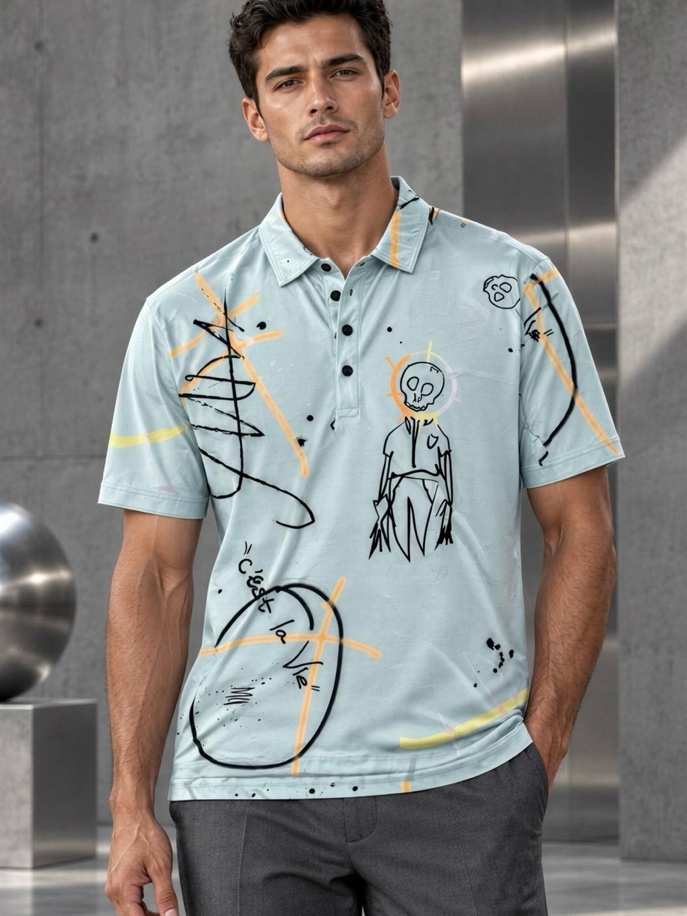 Jamie Sadock Zombie Skeleton Halloween Skull Polo Black & Pastel Orange Accents